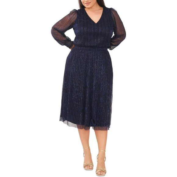 MSK Dresses & Skirts - NWT MSK Womens Navy Blue Metallic Smocked V-Neck Long Sleeve Midi Dress PLUS 3X